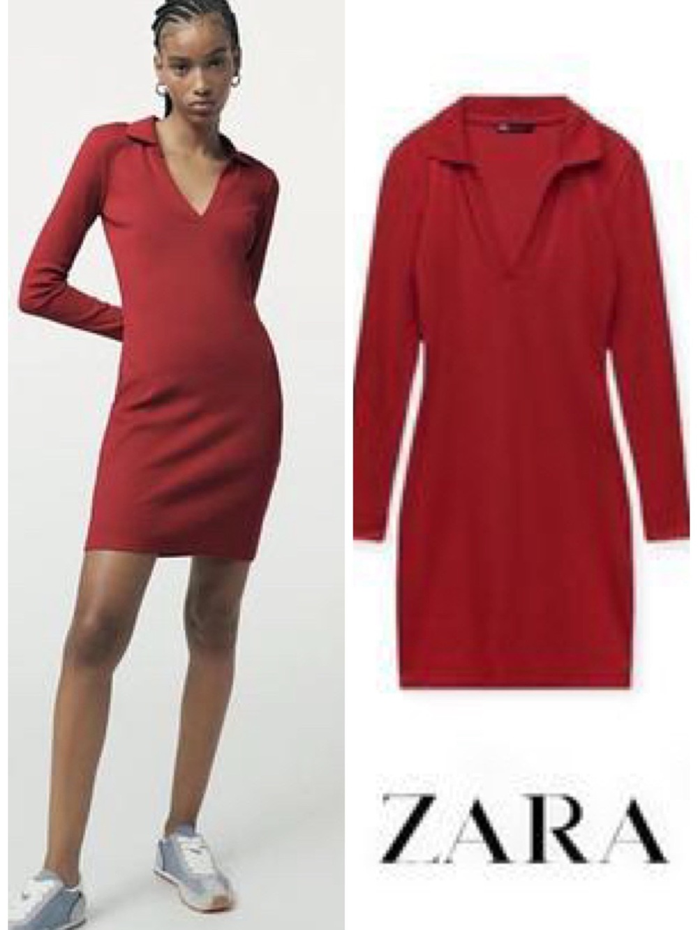 Zara V-Neck Long Sleeve Rib Knit Mini Polo Dress Size L EUC